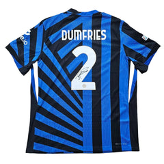 Back view showing player name Dumfries, No. 2, and signature on blue and black striped design.