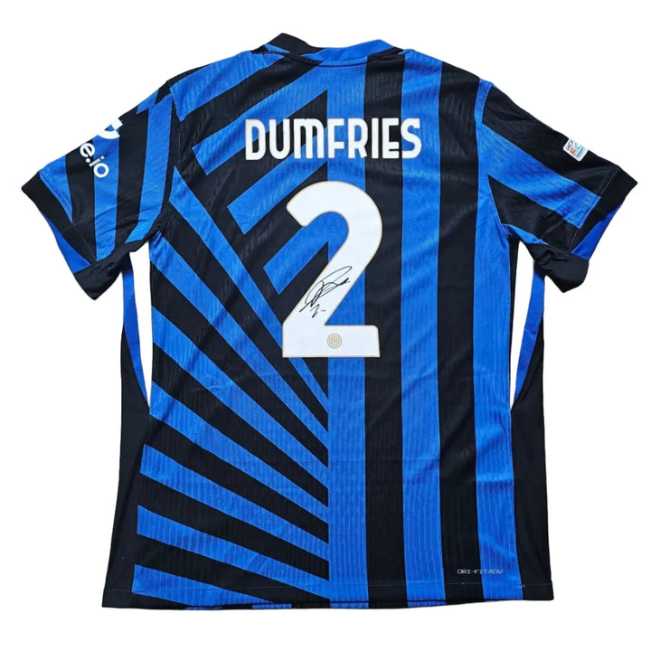 Back view showing player name Dumfries, No. 2, and signature on blue and black striped design.