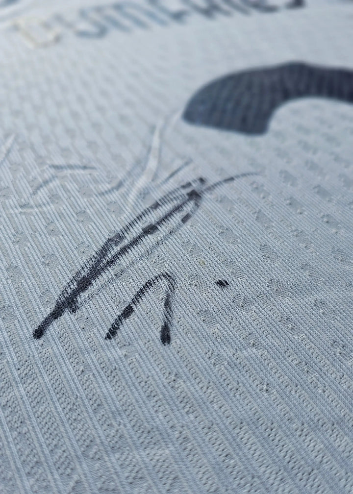 Close-up view showing the signature detail on the signed Denzel Dumfries football shirt.