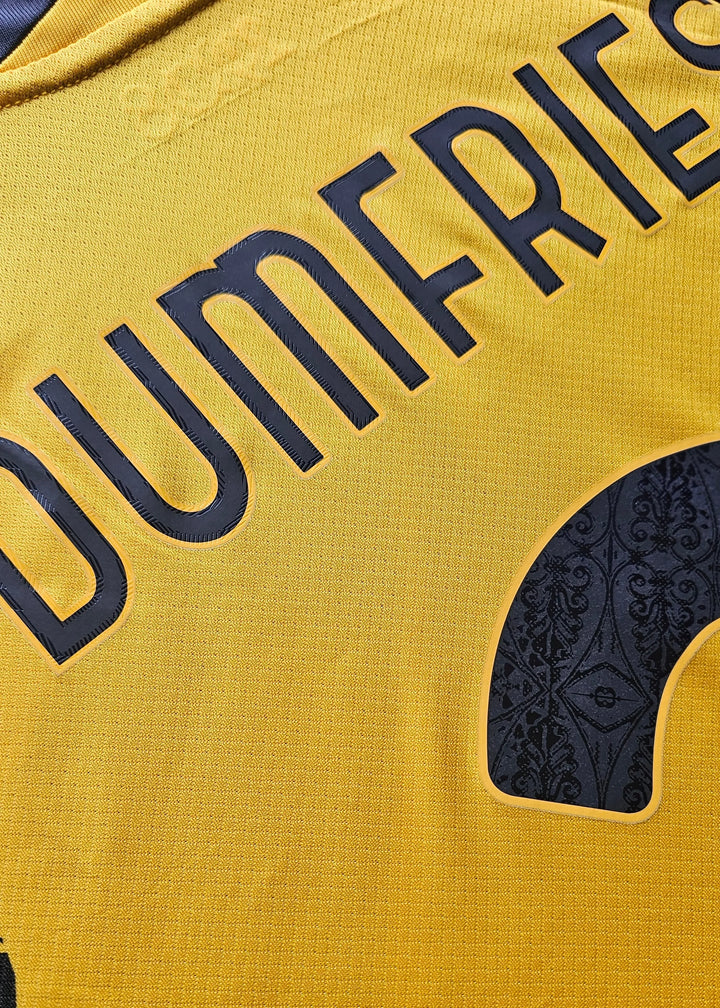 Back view showing No. 2 and Dumfries in bold black lettering on a yellow football shirt.