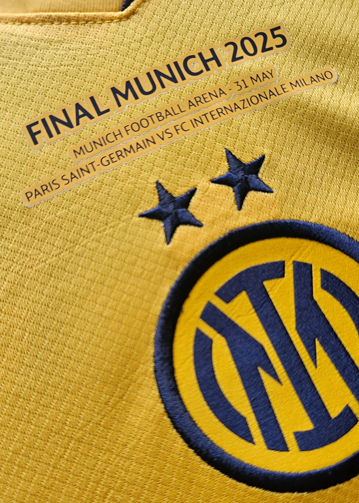 Crest detail featuring two stars and the Inter Milan logo on a yellow background.