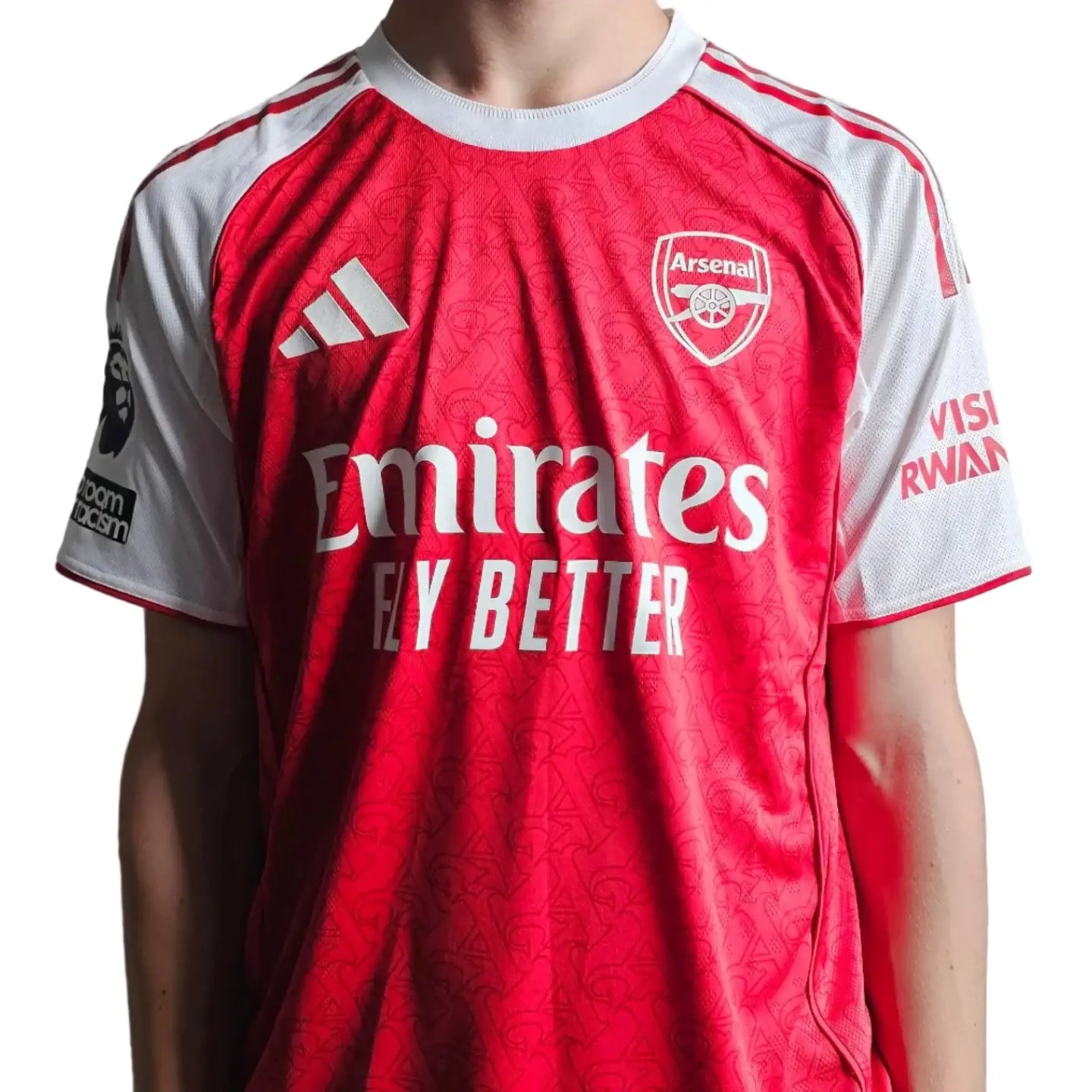 Front view showcasing Arsenal shirt with Emirates logo and Adidas branding.