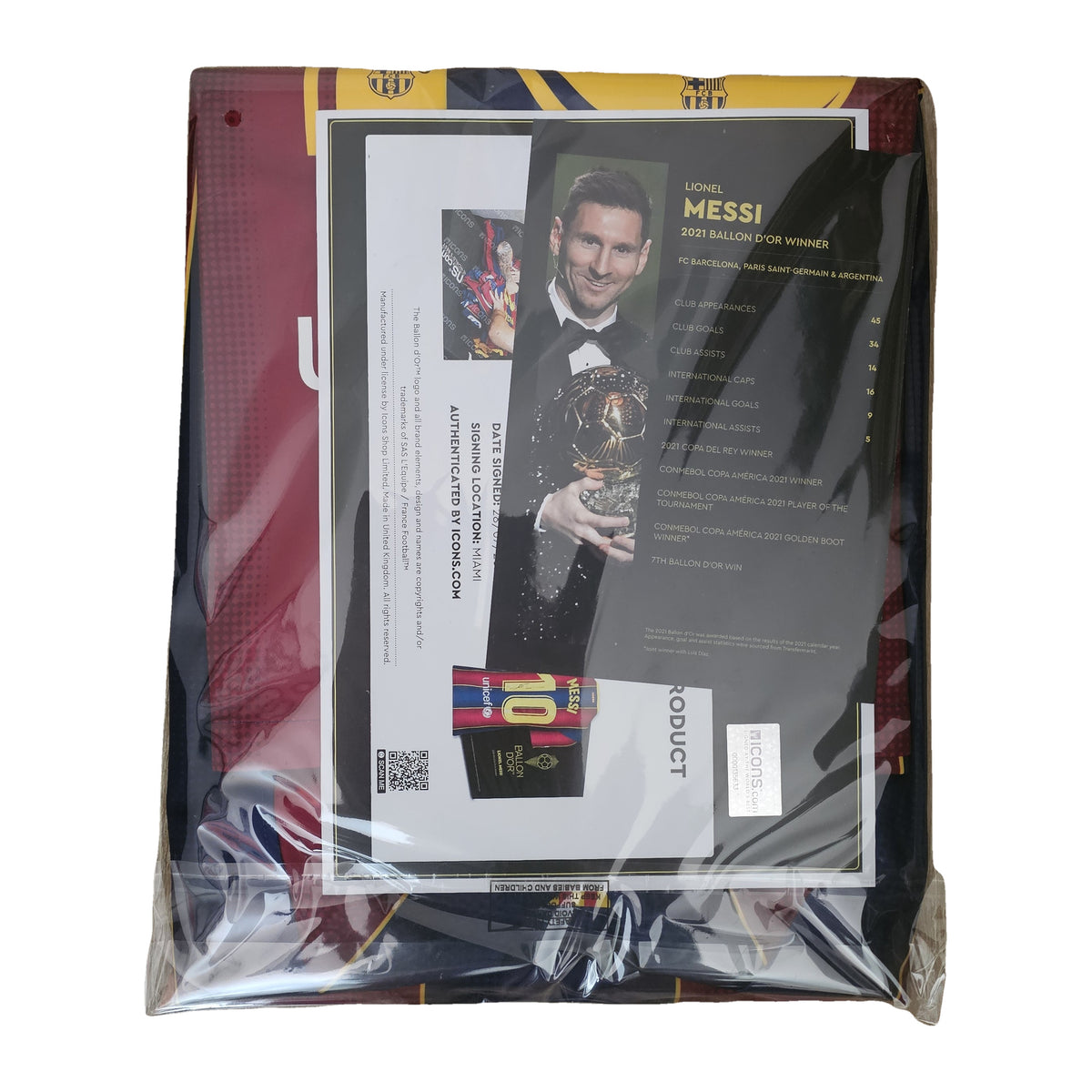 Messi's signed Barcelona 2020-21 shirt bagged with the Icons card reading 2021 Ballon d'Or Winner.