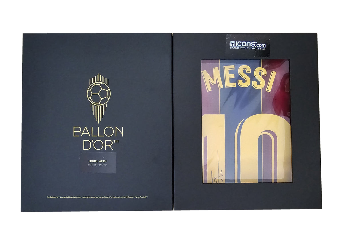 Both panels of the Ballon d'Or box laid open, Messi's number 10 shirt behind the window under an Icons.com seal.