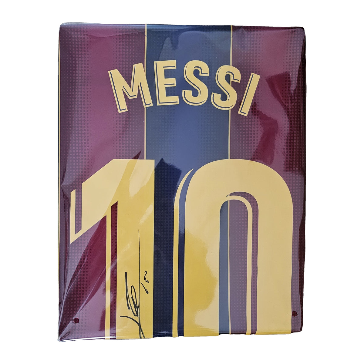 Messi's signed Barcelona 2020-21 shirt sealed in its bag, MESSI and number 10 in gold with his signature across the 1.