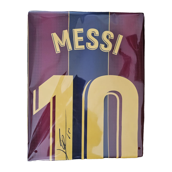 Messi's signed Barcelona 2020-21 shirt sealed in its bag, MESSI and number 10 in gold with his signature across the 1.
