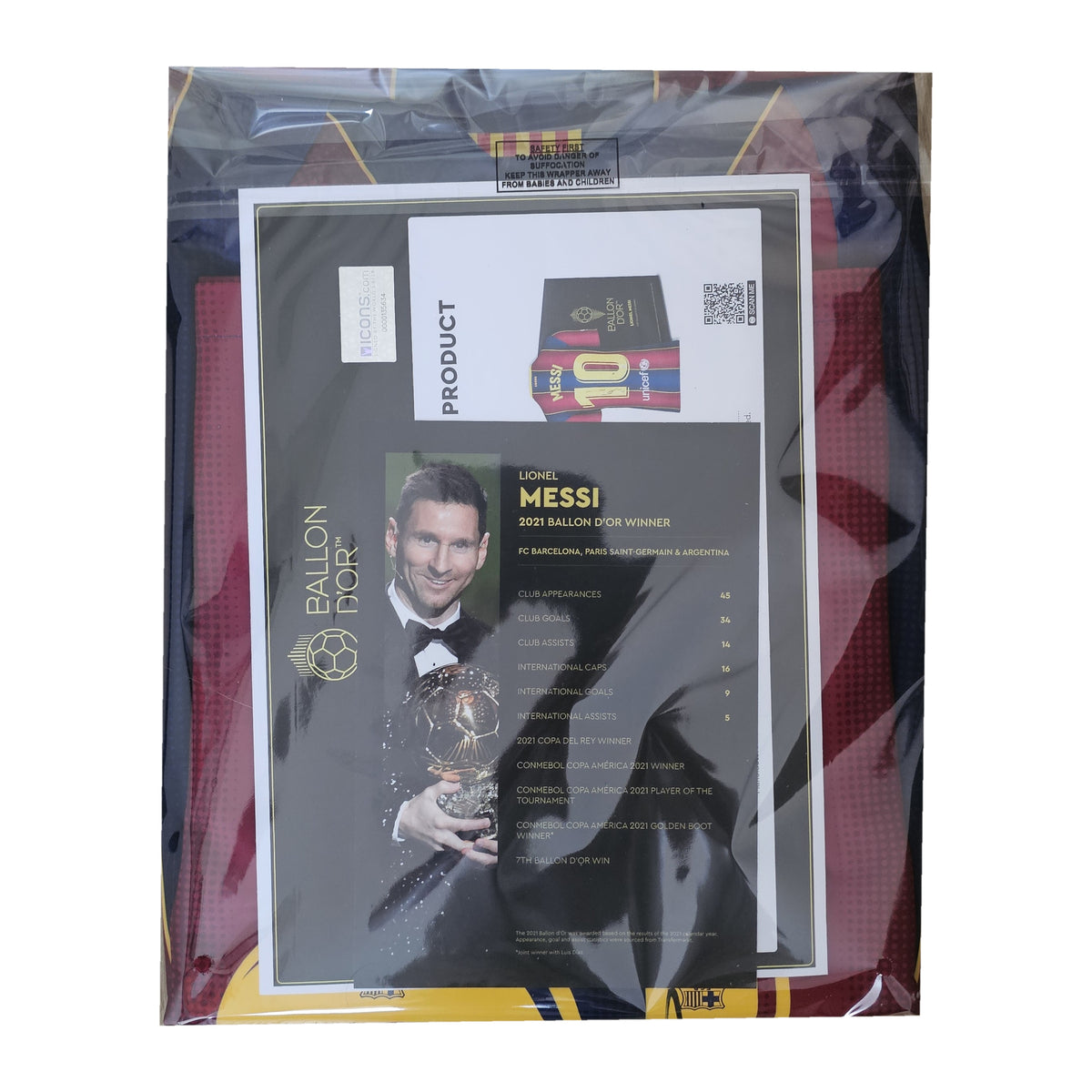 Messi's bagged Barcelona 2020-21 shirt under the Icons Ballon d'Or card, with the Icons.com hologram alongside.