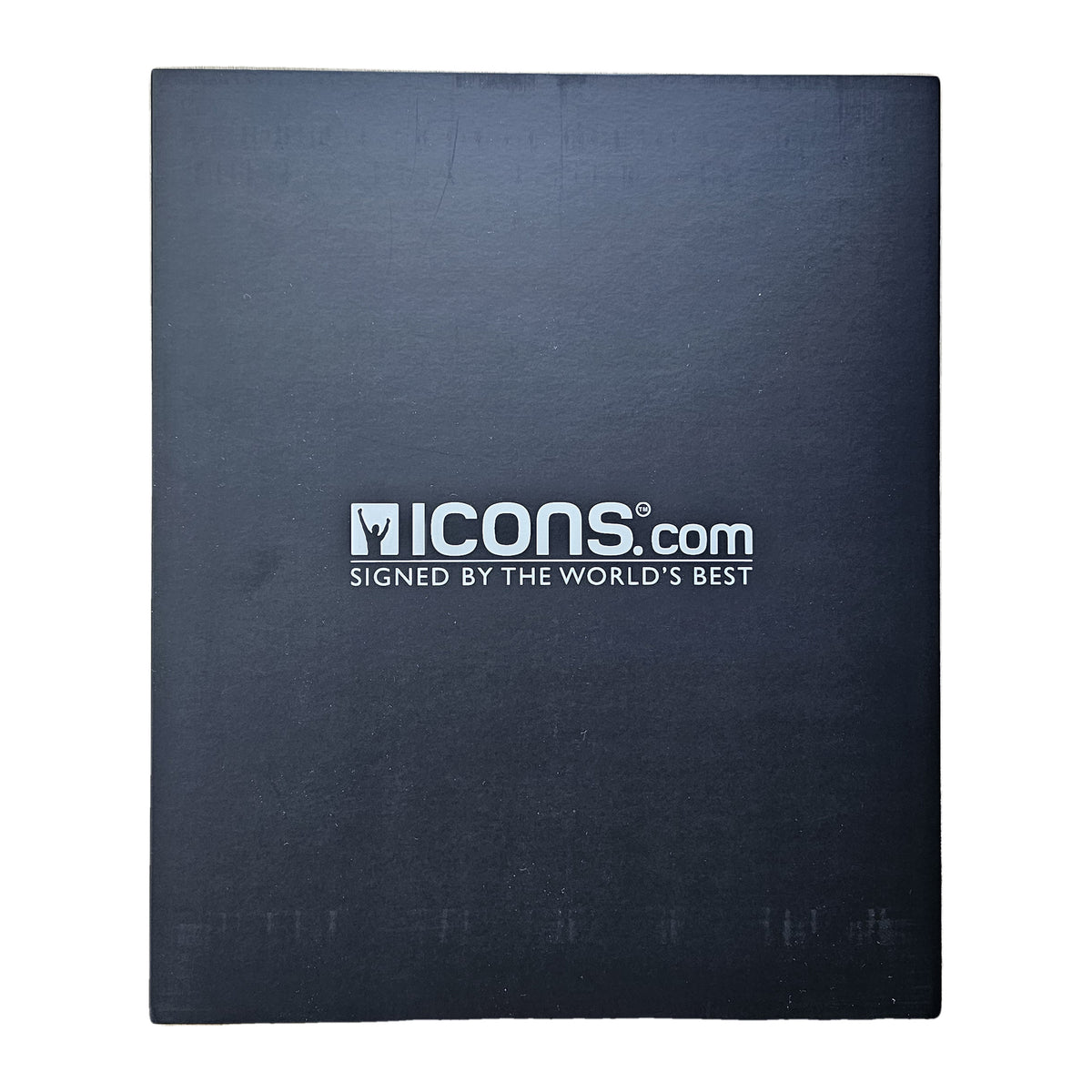 Icons.com presentation box lid, white wordmark on matt black, holding Van Basten's signed Netherlands 1988 shirt.