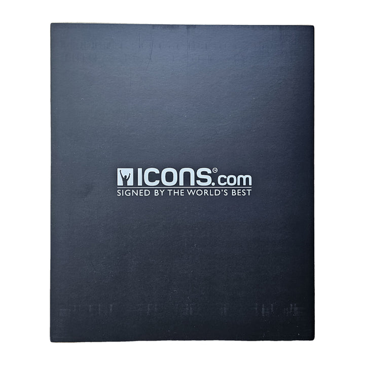 Icons.com presentation box lid, white wordmark on matt black, holding Van Basten's signed Netherlands 1988 shirt.