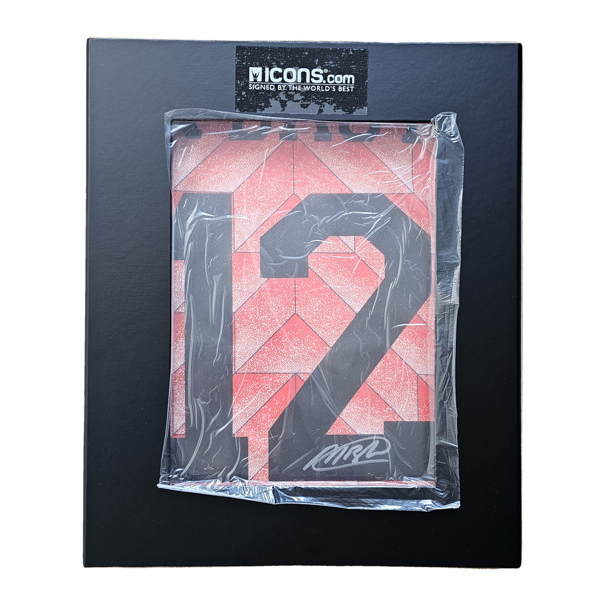 Van Basten's sealed Netherlands 1988 shirt resting on its Icons.com box, number 12 in black with a silver signature.