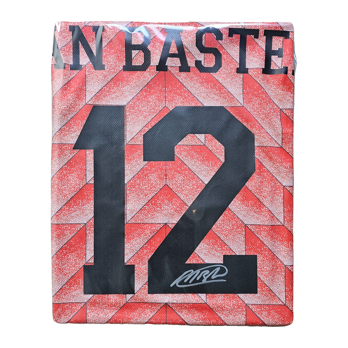 Back of Van Basten's signed Netherlands 1988 shirt, VAN BASTEN nameset above number 12 with a silver-marker signature.