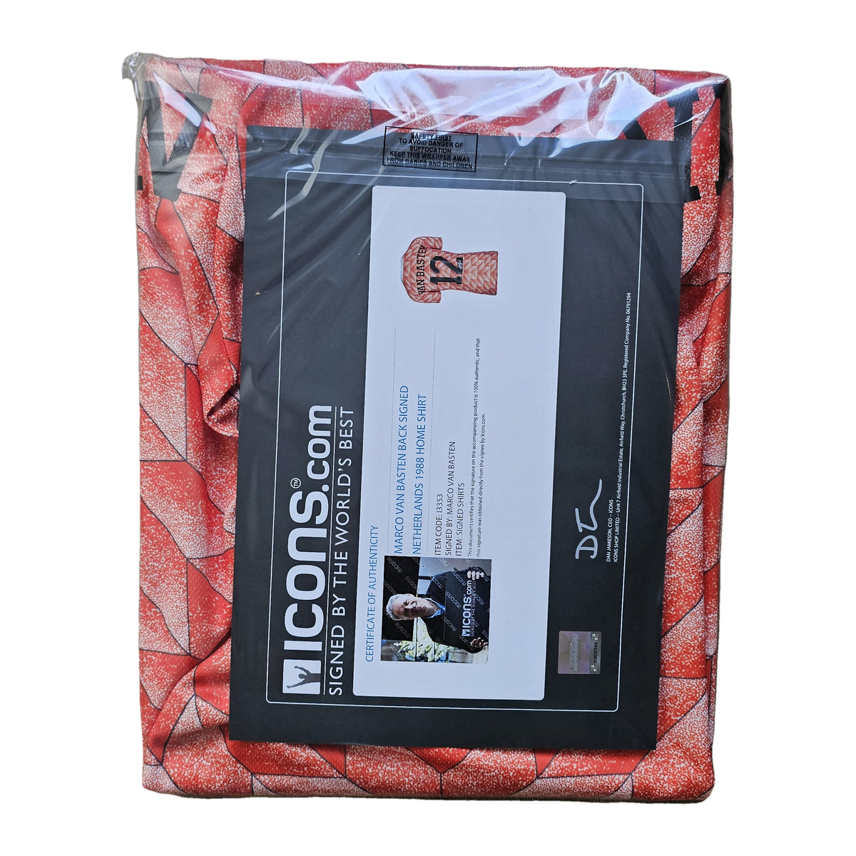 Van Basten's bagged Netherlands 1988 shirt with its Icons.com certificate of authenticity, item code I3353.