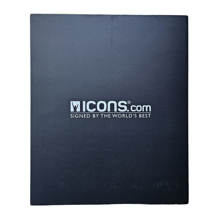 Matt black Icons.com box lid for Van Basten's signed Netherlands 1988 shirt, wordmark centred on the front.