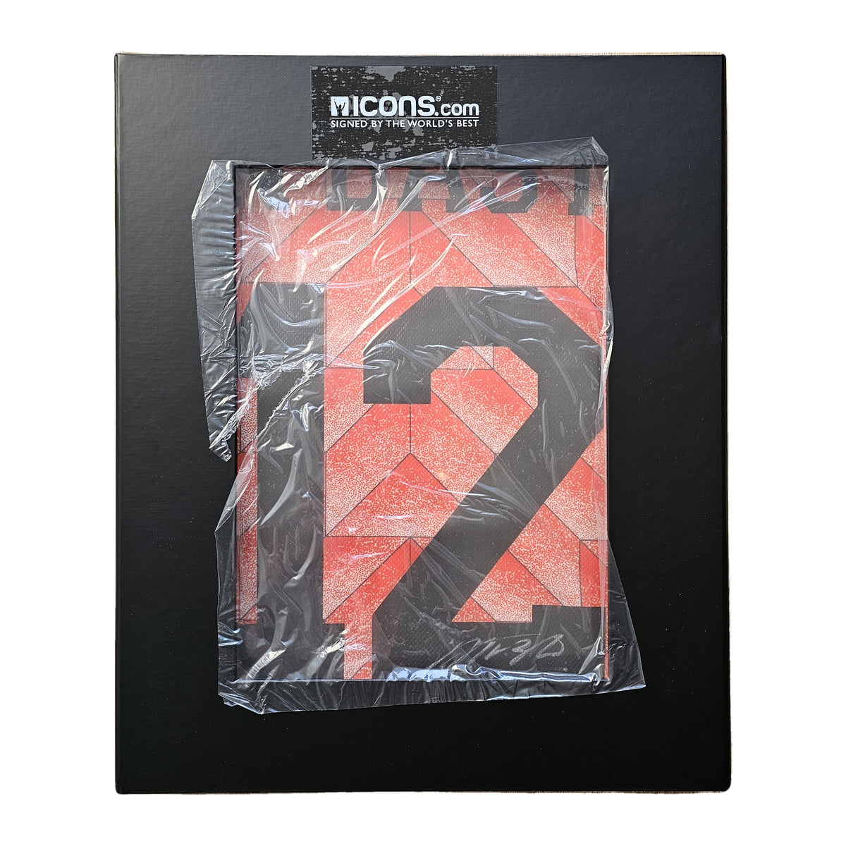 Van Basten's sealed Netherlands 1988 shirt laid on the Icons.com box under its seal, number 12 and signature showing.