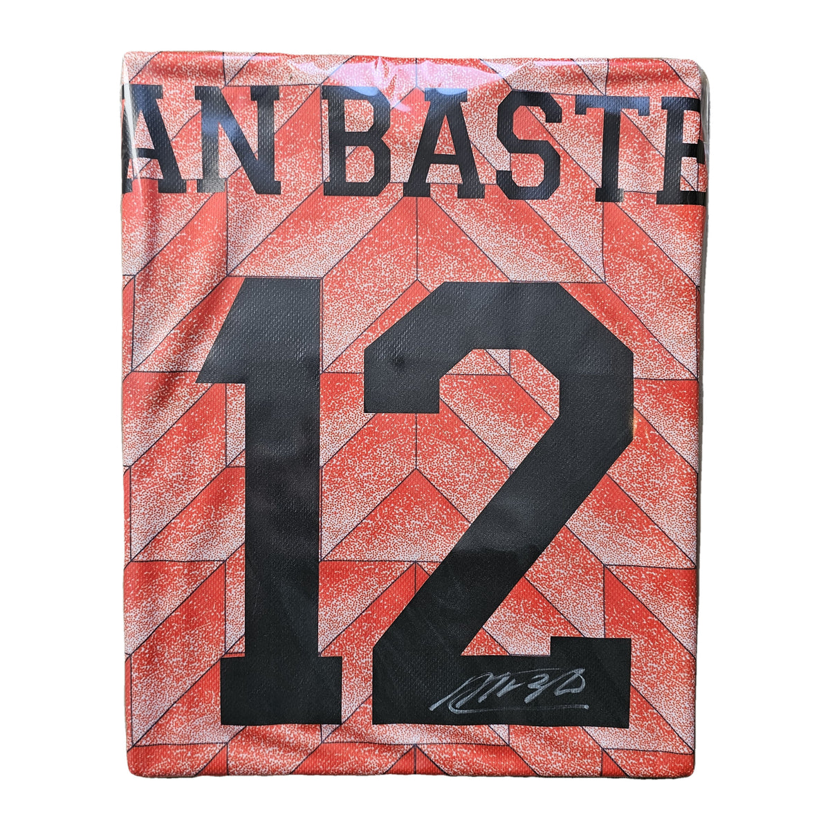 Van Basten's signed Netherlands 1988 shirt folded to show number 12, his silver signature across the lower digit.