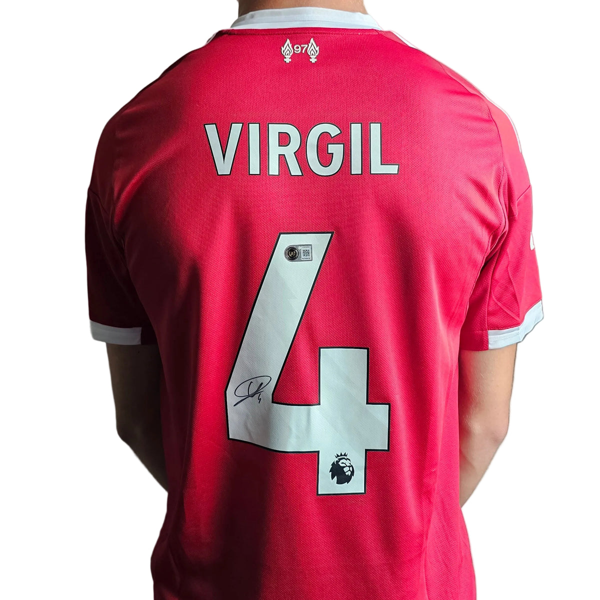 Back of Virgil van Dijk's signed Liverpool 2025-26 shirt, white VIRGIL 4 with his signature on the number