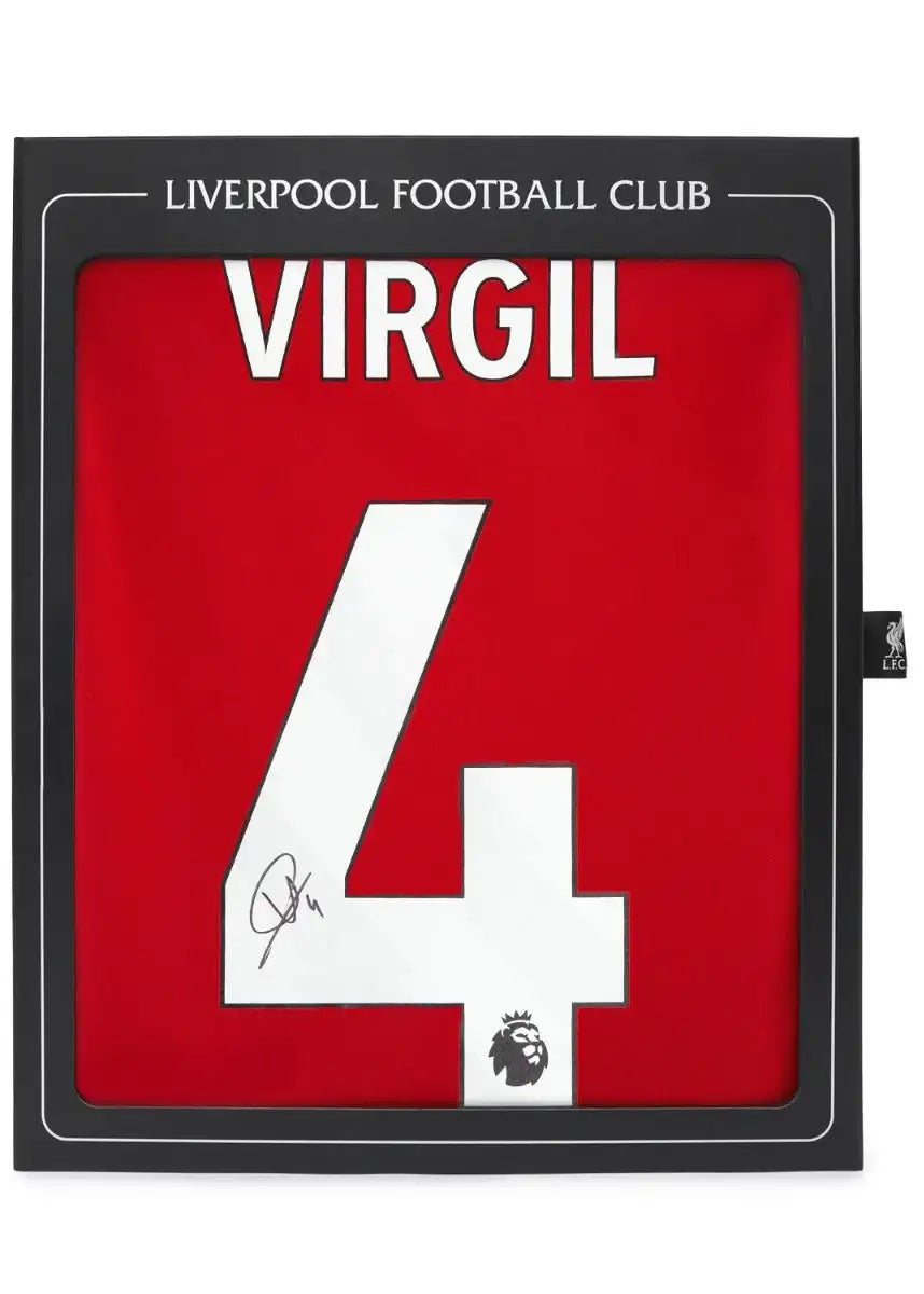 Back detail featuring 'VIRGIL' and No. 4 with a visible signature on a red football shirt.