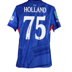 Back view showing player name Holland, No. 75, and signature on a blue football shirt.