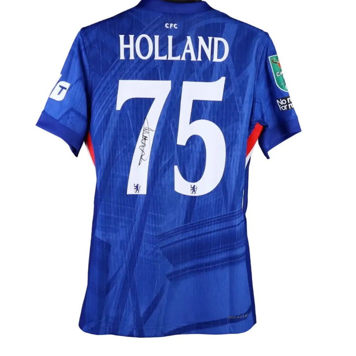 Back view showing player name Holland, No. 75, and signature on a blue football shirt.