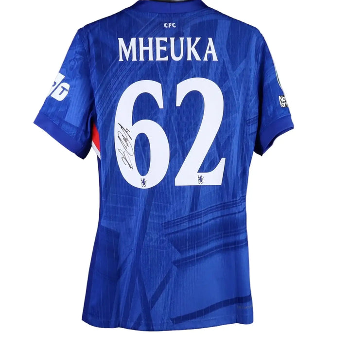 Back view showing name MHEUKA and No. 62, with a visible signature on a blue football shirt.