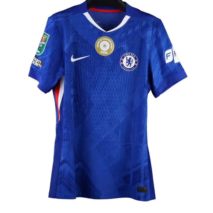 Back view featuring Chelsea crest, FIFA World Champions badge, and Nike logo on a blue football shirt.