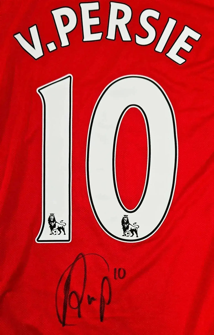 Back view featuring No. 10 and signature of V. Persie on a red football shirt.