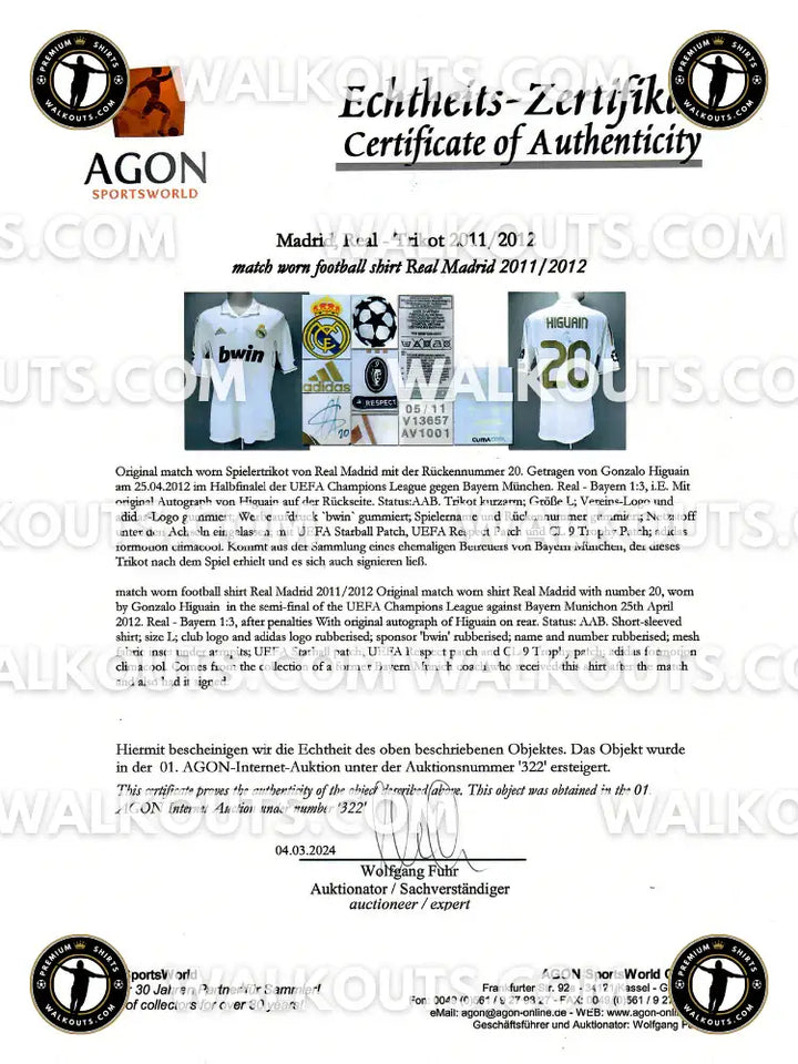 Certificate of Authenticity for a Real Madrid football shirt with AGON Sportsworld branding.