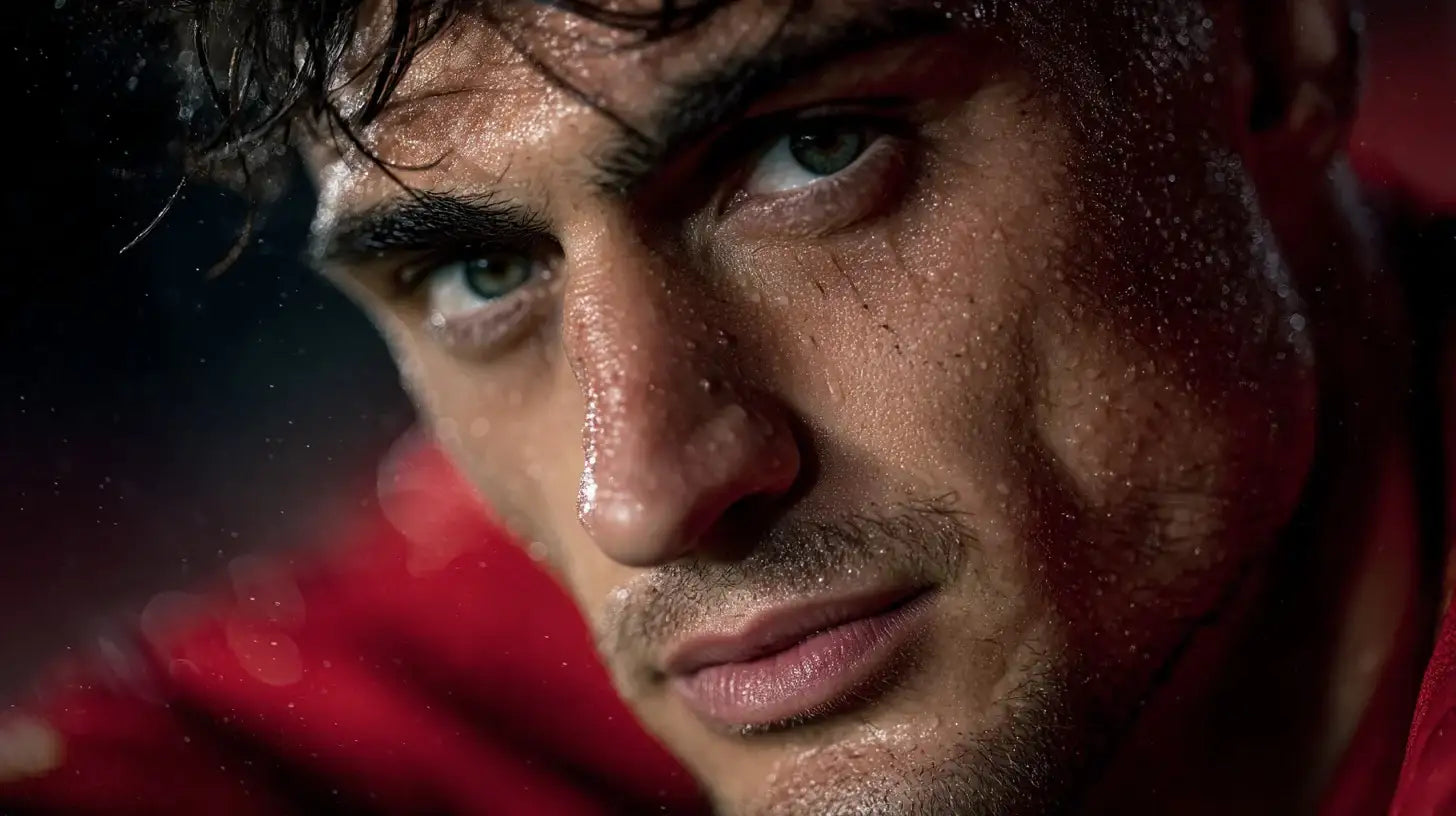 Aleksandar Pavlović of Bayern Munich roaring in celebration, red jersey, dynamic background suggesting stadium energy.