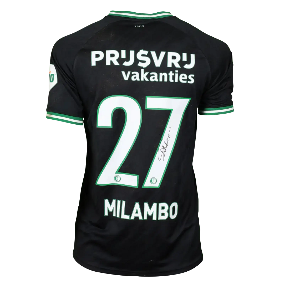 Back view showing No. 27 and the signature of Milambo on a black football shirt.