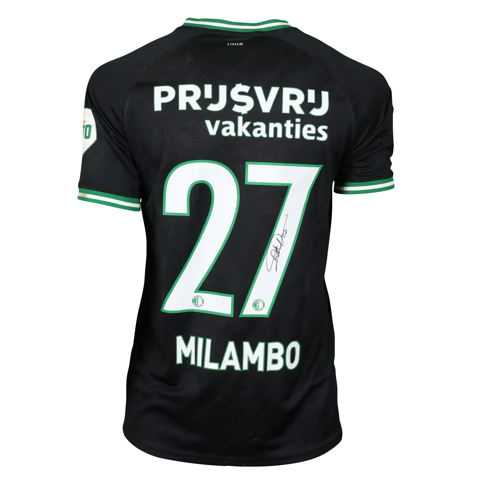 Back view showing No. 27 and the signature of Milambo on a black football shirt.