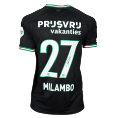 Back view showing No. 27 and the signature of Milambo on a black football shirt.