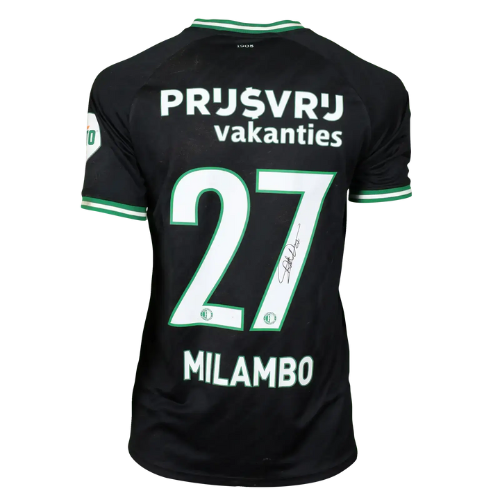 Back view showing No. 27 and the signature of Milambo on a black football shirt.