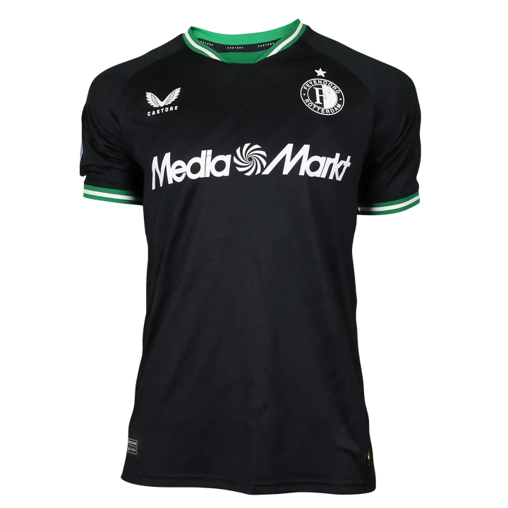 Front view of Antony Milambo 27 Feyenoord football shirt featuring MediaMarkt logo and club crest.