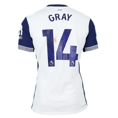 Back view showing No. 14 and signature of Gray on a white and blue Tottenham Hotspur football shirt.