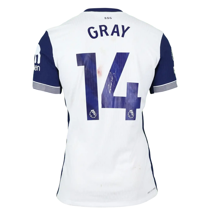 Back view showing No. 14 and signature of Gray on a white and blue Tottenham Hotspur football shirt.