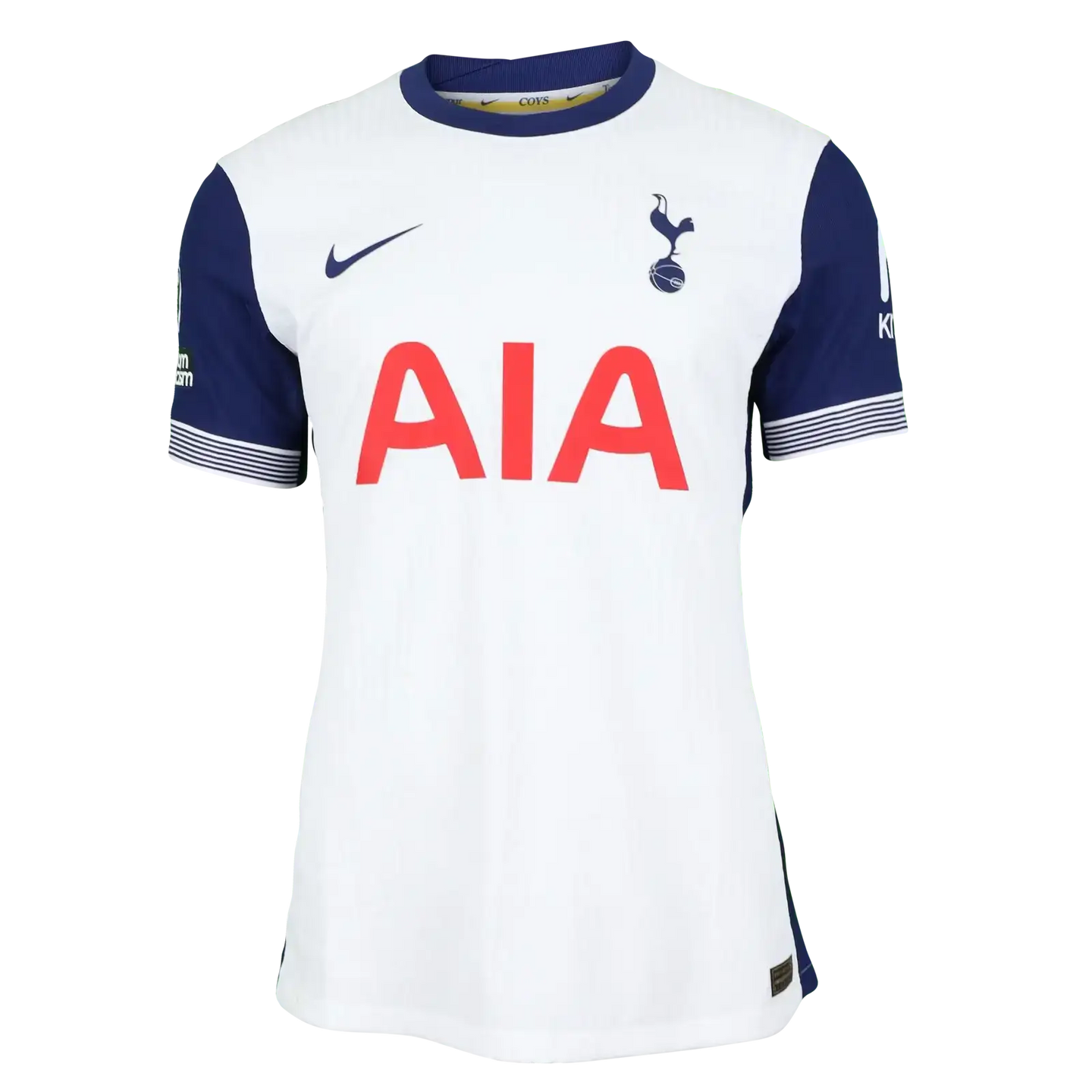 Front view of white Tottenham Hotspur football shirt featuring AIA sponsor and embroidered club crest.