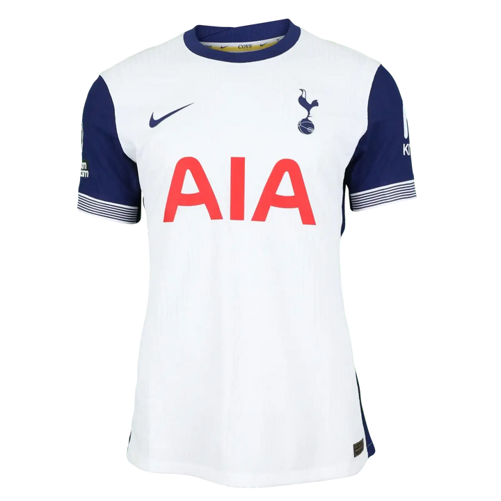Front view of white Tottenham Hotspur football shirt featuring AIA sponsor and embroidered club crest.