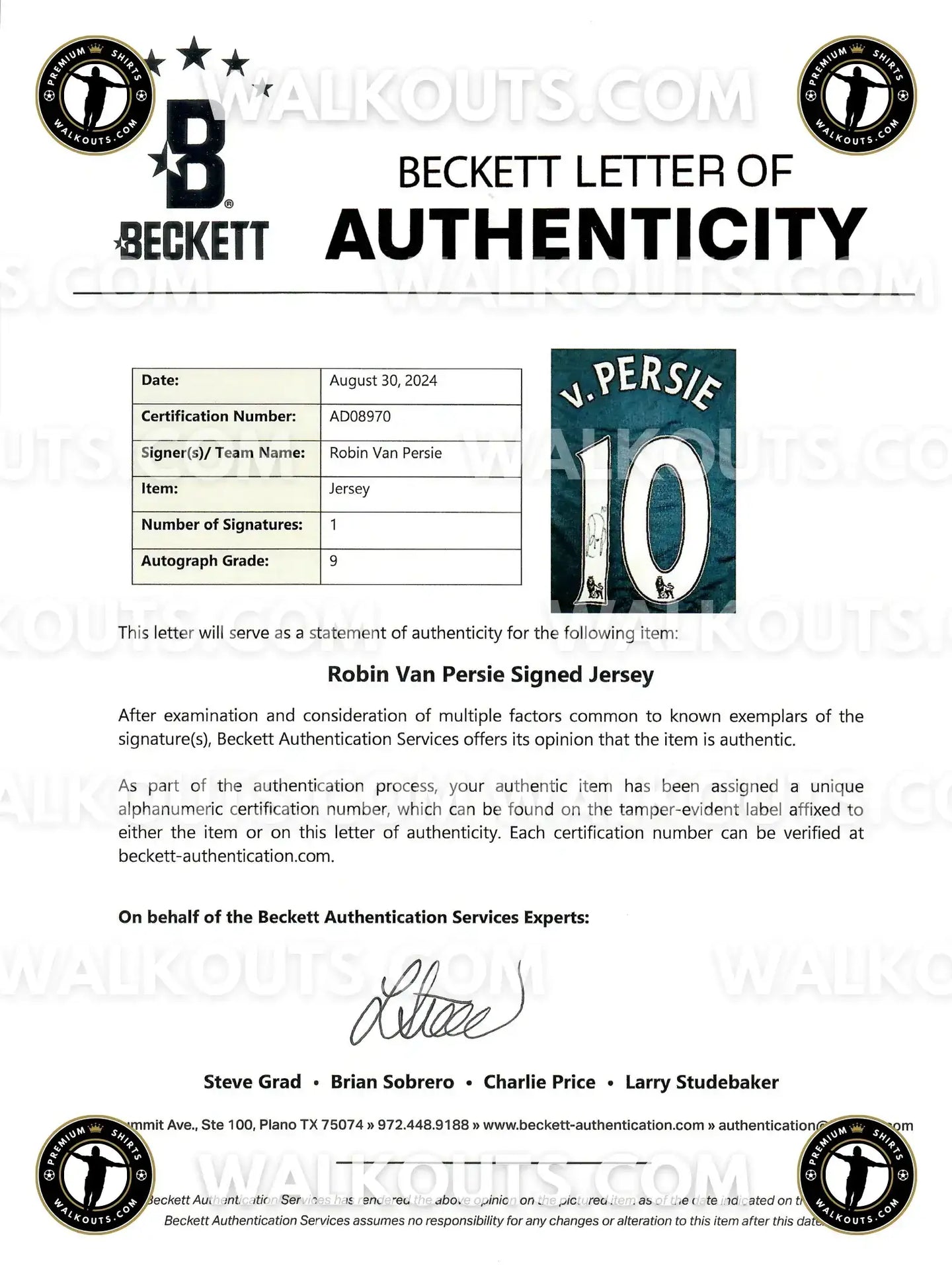 Beckett Letter of Authenticity for Robin Van Persie signed jersey with certification number AD08970.