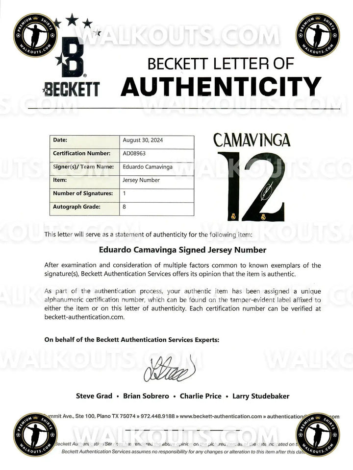 Beckett Letter of Authenticity for Eduardo Camavinga, signed Shirt Number 12, with certification details and signature.
