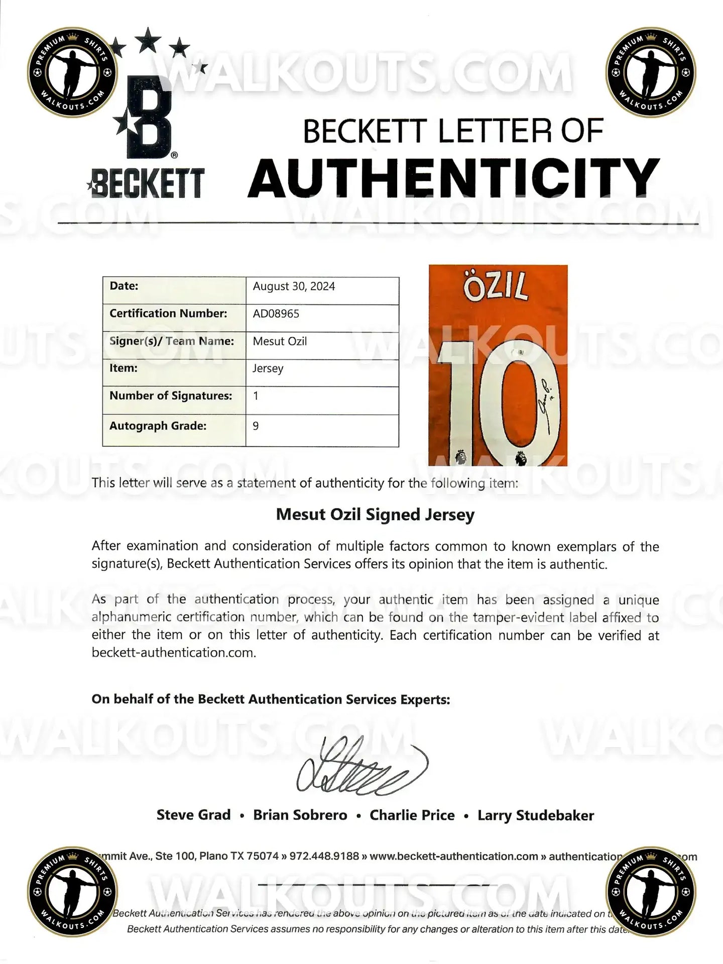 Beckett Letter of Authenticity for Mesut Ozil Jersey, showing signature and details.