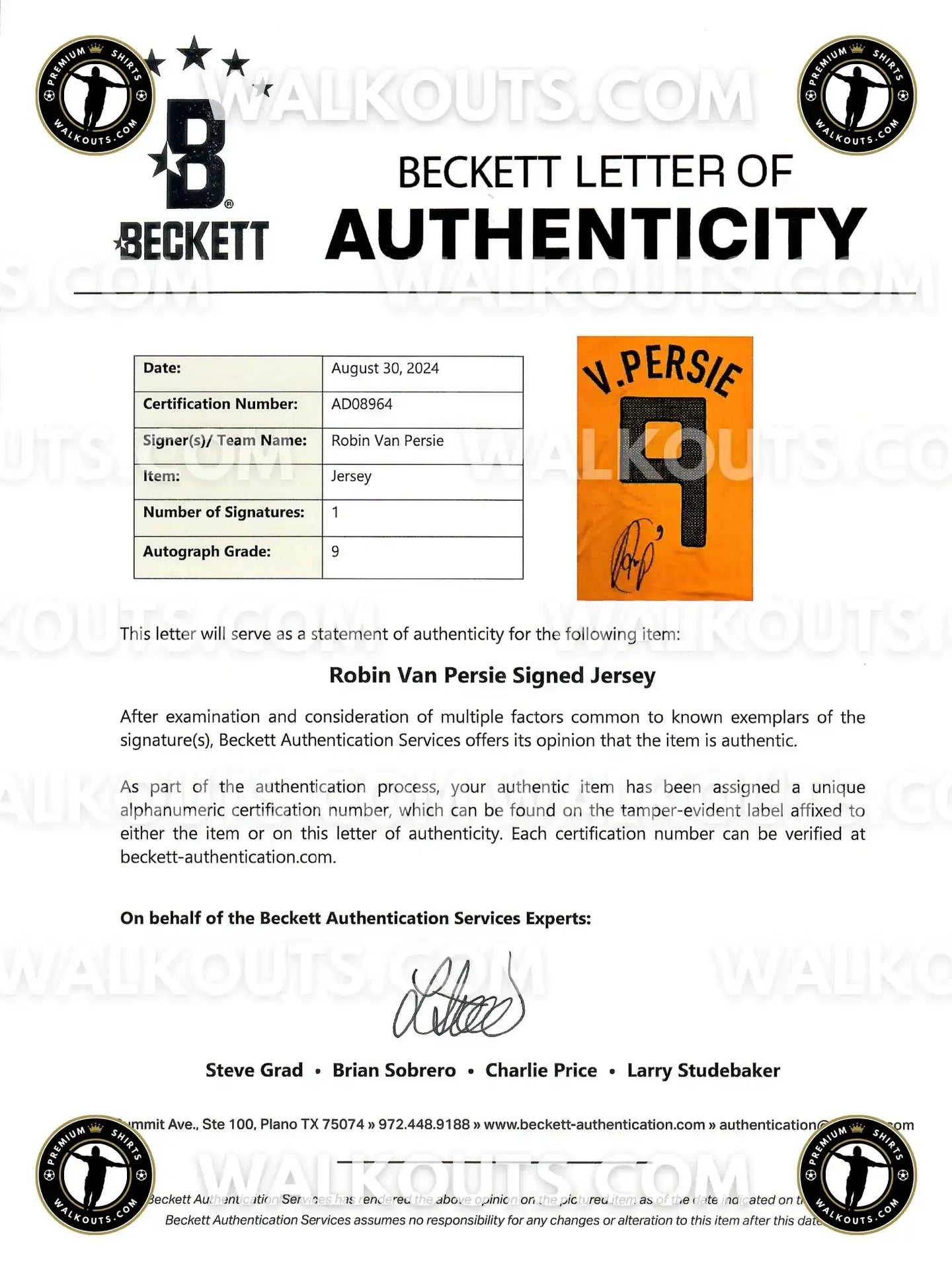 Beckett Letter of Authenticity for Robin Van Persie signed jersey with certification details.