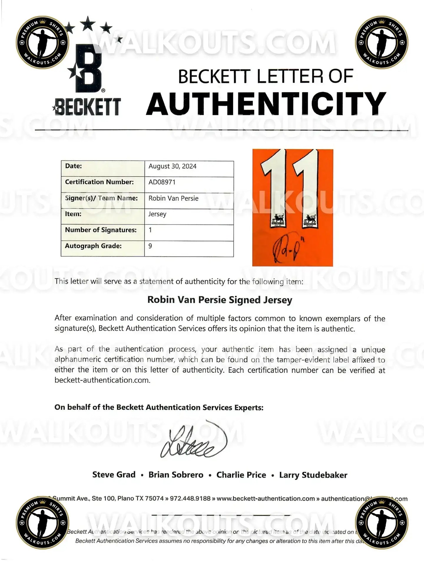 Beckett Letter of Authenticity for Robin Van Persie signed football shirt No. 11 with details.