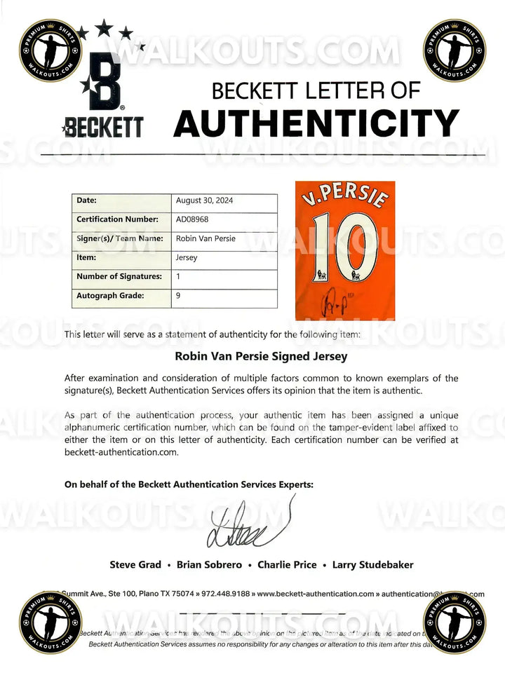 Beckett letter of authenticity for Robin Van Persie signed shirt with certification number AD08968.