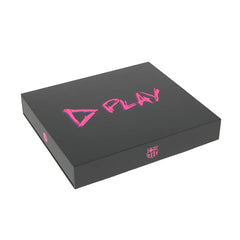 Closed black box featuring pink D PLAY text and FC Barcelona crest detail.