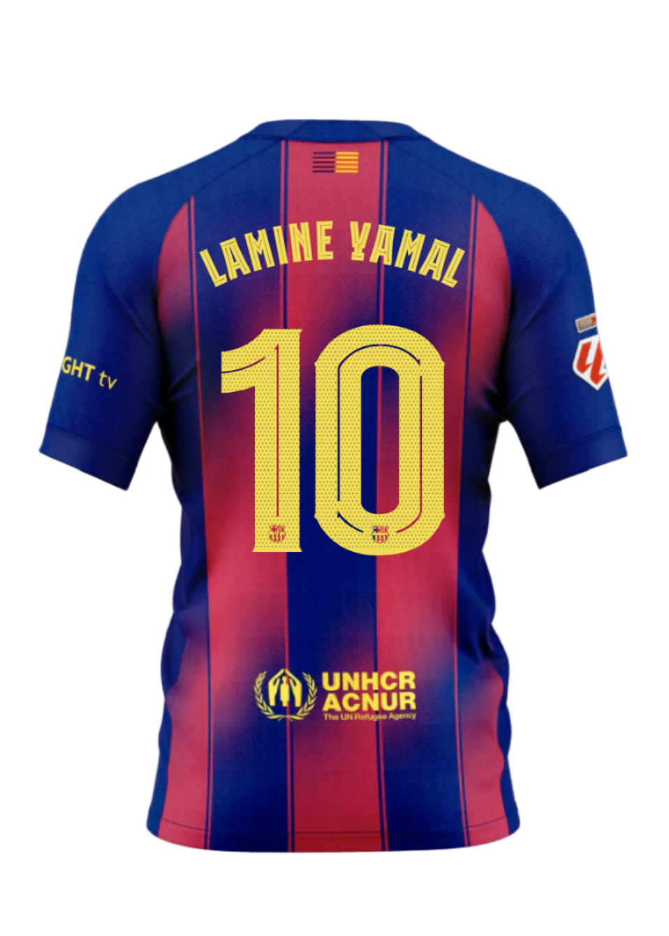 Back view showing Lamine Yamal, No. 10, and UNHCR logo on Barcelona football shirt.