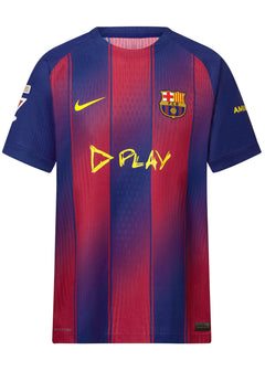 Front view of Barcelona football shirt with D PLAY logo and club crest in blue and red stripes.