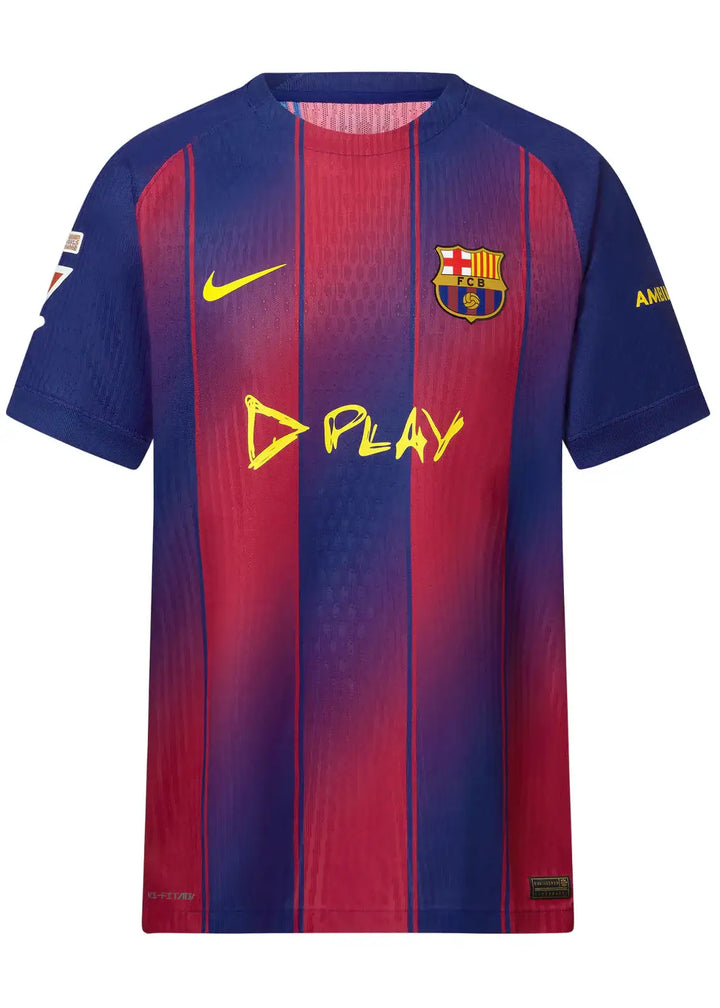 Front view of Barcelona football shirt showcasing club crest, D PLAY logo, and blue-red striped pattern.