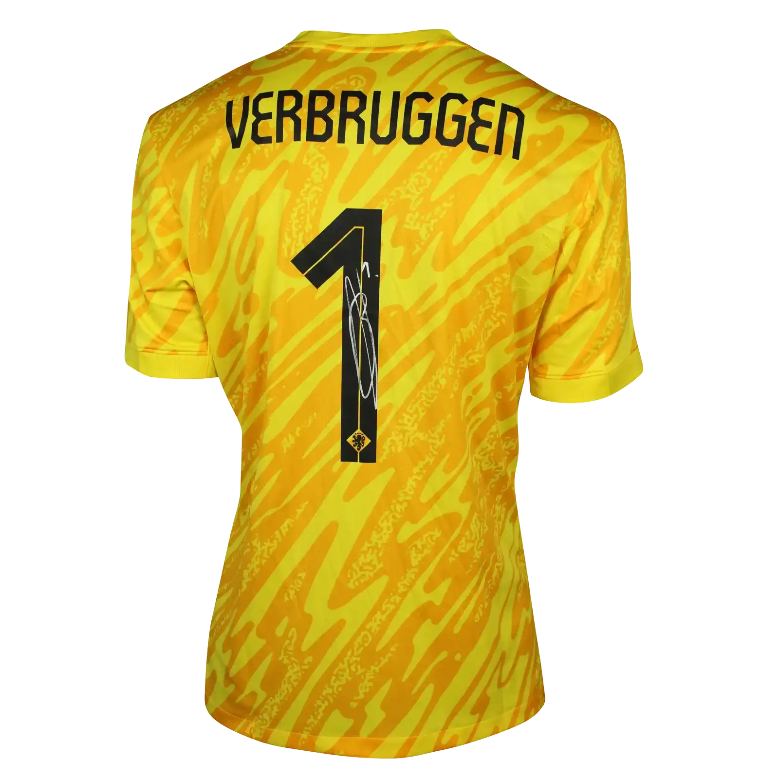 Back view featuring Verbruggen, No. 1, and signature on a yellow football shirt.