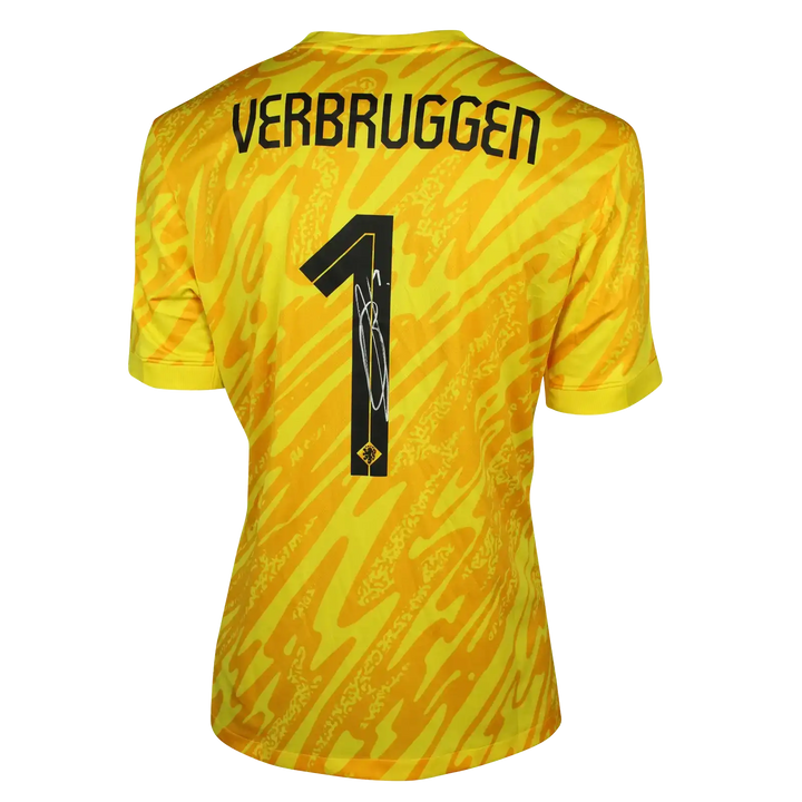 Back view featuring Verbruggen, No. 1, and signature on a yellow football shirt.