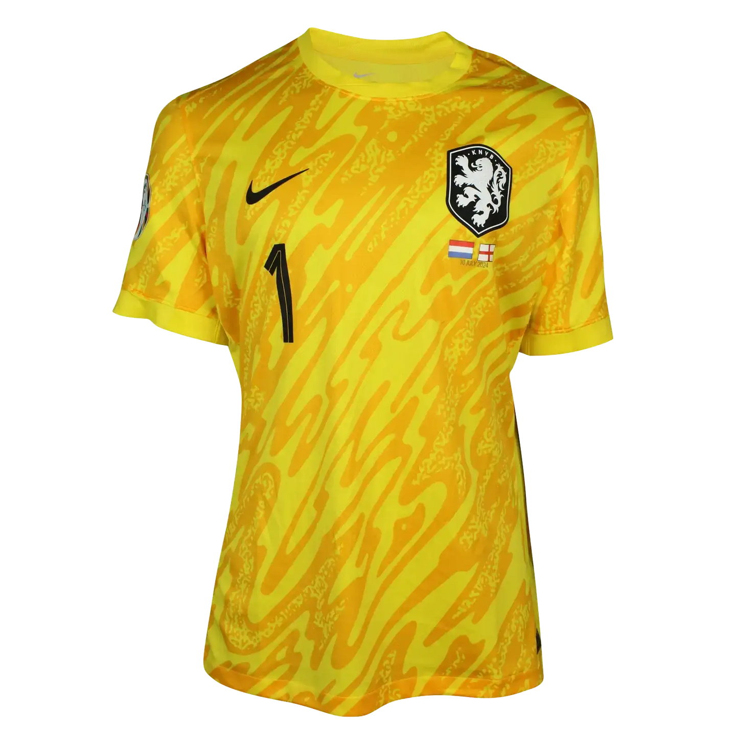 Front view of yellow football shirt with black No. 1, Nike logo, and Netherlands crest.